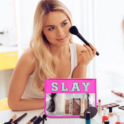 Dealkion Slay Makeup Bag Slay Purse Slay Stuff Toiletry Zipper Pouch Chenille Letter Clear Zipper Pouch Slay Skincare Travel Pouch for Women Girl Gifts