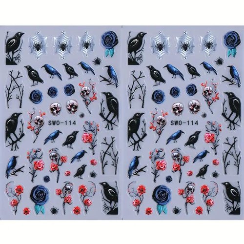 Halloween Nail Art Stickers Decals 2PCS 5D Embossed Skull Nail Art Decals Crow Spider Web Nails Supplies Branch Blue Red Flowers Skull Spider Designs Stickers Halloween Manicure Decorations for Women