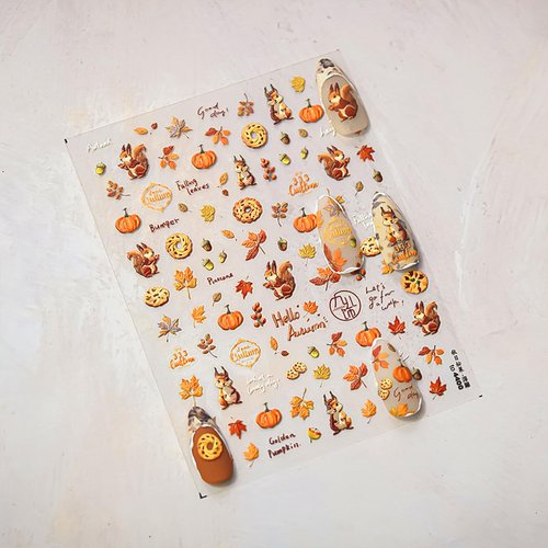 1 Sheet Fall Nail Art Stickers 5D Embossed Cute Nail Decals Autumn Maple Leaf Squirrel Pine Cones Fallen Leaves Nail Design Self-Adhesive Manicure Stickers Accessories for Women DIY Nail Decorations