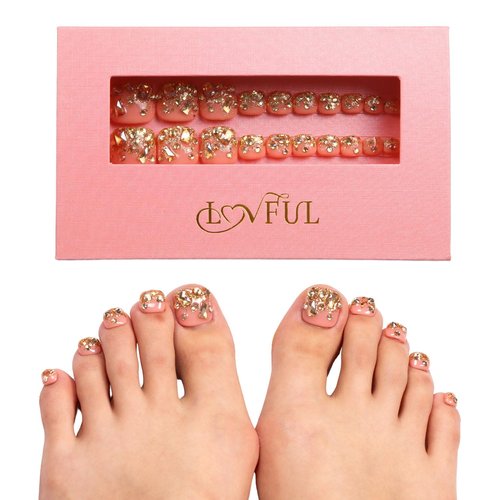 LOVFUL Press on Toenails Golden Glitter | 20 PCS Free Size Toe Nails | Reusable Fake Nails for Toe | T84