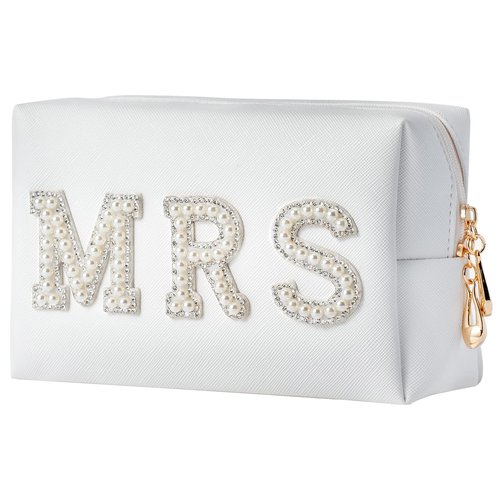 Bride Makeup Bag, Bride Patch MRS Cosmetic Bag, Pearl Rhinestone Letter Toiletry Bag, Wedding Bag, Portable PU Leather Waterproof Zipper Pouch, Bride Gift, Bridal Shower Gift, Engagement Gift