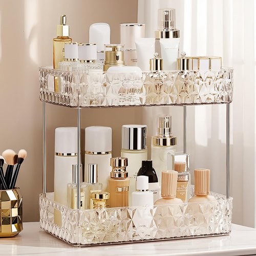 Makeup Organizer for Vanity,Bathroom Countertop Skincare Organizer,Makeup Counter Shelf Perfume Holder Rack,Cosmetic Display Case (Clear, 2 Tier)
