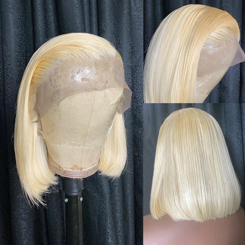 Bob Wig Human Hair 13x6 HD Frontal Lace Wig Real Human Hair 180% Density Straight Blonde 613 Human Hair Wigs for Black Women Glueless Wigs Pre Plucked Blunt Cut Wig 8 Inch