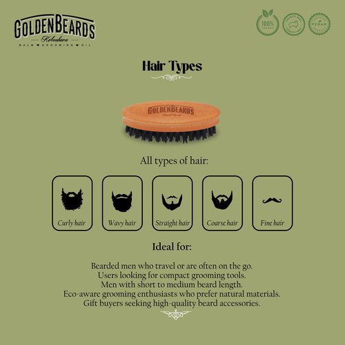 Golden Beards Travel Beard Brush – Pear Tree Wood Handle & Natural Boar Bristles – Compact Grooming Tool That Fits in Your Bag, Perfect for Beard Maintenance on the Go