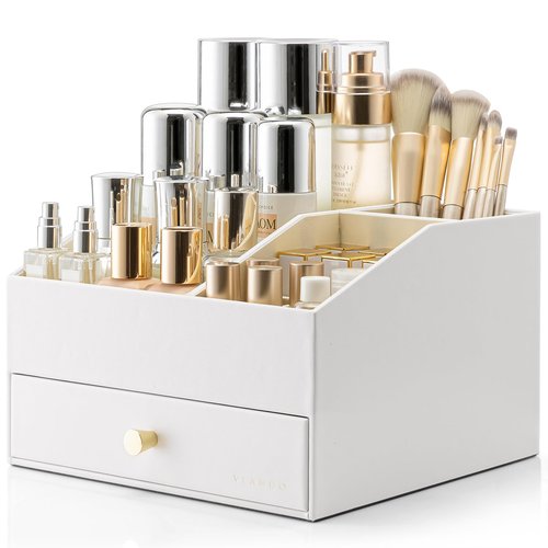 Vlando Makeup Organzier,Vanity Organizer with Drawers, PU Leather Skincare Organizer Perfume Organizer,Large Cosmetic Display Case for Lipstick,Brushes Gifts for Women-White