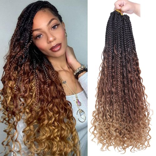 COOKOO 22 Inch Goddess Box Braids Crochet Hair for Women 8 Packs Synthetic Hippie Pre Looped Bohemian Boho Box Braids With Curly Ends Twist Braiding Hair 53#
