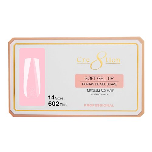 Cre8tion Soft Gel Nail Tips, Medium Square Shape, 602 Tips in 14 Sizes (00-9) for Professional Nail Extensions