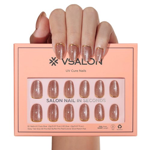 VSALON Press On Nails Short, 32 Pcs 16 Sizes Cat Eye Press On Nails Oval Fake Nails Gold Foil Design Sparkly Shimmer Gel With UV Glue Reusable Stick On Nails Semi-transparent Fall Gift For Women