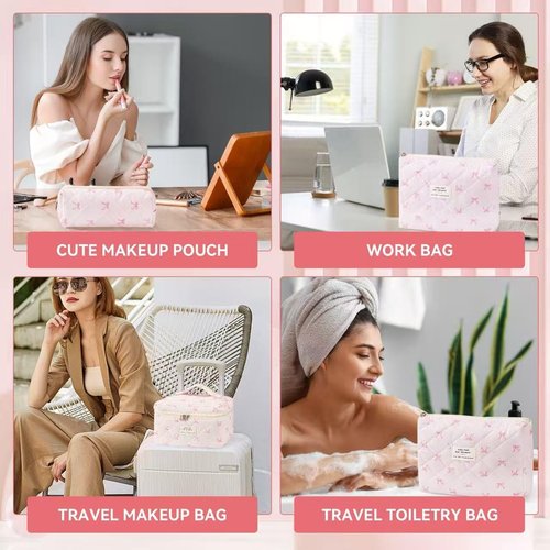 MZLUWM 3Pcs Makeup Bag Cute Cosmetic Bags for Women, Large Capacity Travel Quilted Makeup Bag Set,Cotton Floral Makeup Pouch, Coquette Puffy Toiletry Bag,Attractive Quilted Pouch (Pink bow)