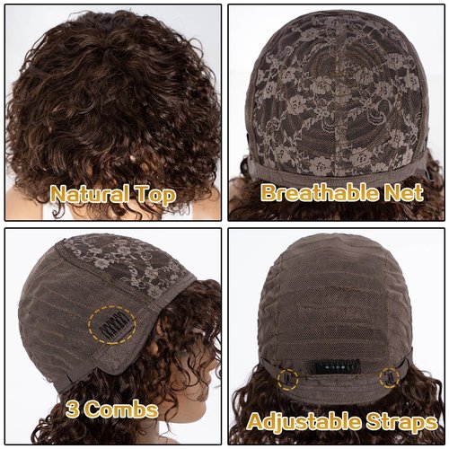 JOEDIR HAIR Short Curly Wig with Bangs Human Hair for Women Reddish Brown 12 inch Short Water Wave Bob Wig 150% Density Glueless Wig (Color: 4)