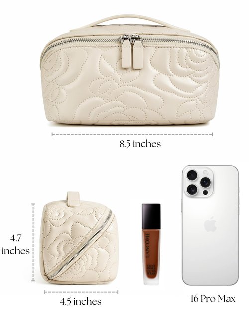 Popvibe Open Flat Makeup Bag Travel Cosmetic Case for Women, Large Capacity Toiletry Travel Bag with Zipper, Portable Aesthetic Floral Make Up Organizer Pouch for Toiletries Makeup Brush, Cream Medium