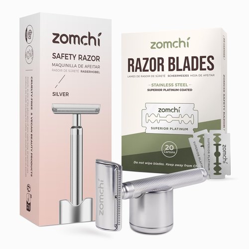 Zomchi 100 Counts Double Edge Razor Blades 2.0 with Premium Metal Razor with Stand