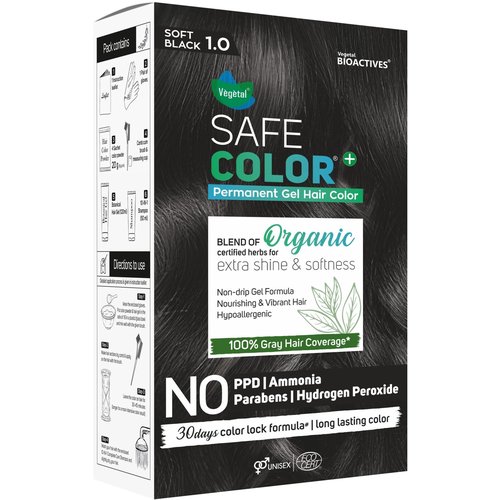 Vegetal Safe Color+ Organic Permanent Gel Hair Color, Soft Black 1.0, No Ammonia, Made with Natural Herbs, 100% Gray Coverage, 30-Day Color Lock 190 ml