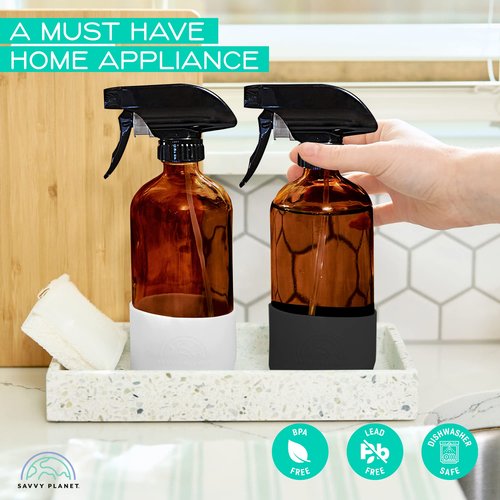 SAVVY PLANET Empty Amber Glass Spray Bottles with Silicone Sleeve Protection - Refillable 16 oz Containers for Cleaning Products, Essential Oils, Misting Plants - Quality Sprayer - 2 Pack