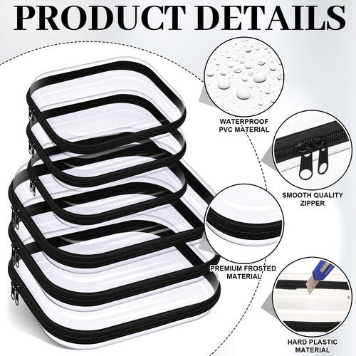 Hoolerry 6 Pcs Hard Clear Zipper Case Transparent Zipper Hard Pouch for Snacks Makeup Bag Plastic Cosmetic Bag Portable Travel Organizer for Makeup Storage(Black,Big,Medium)