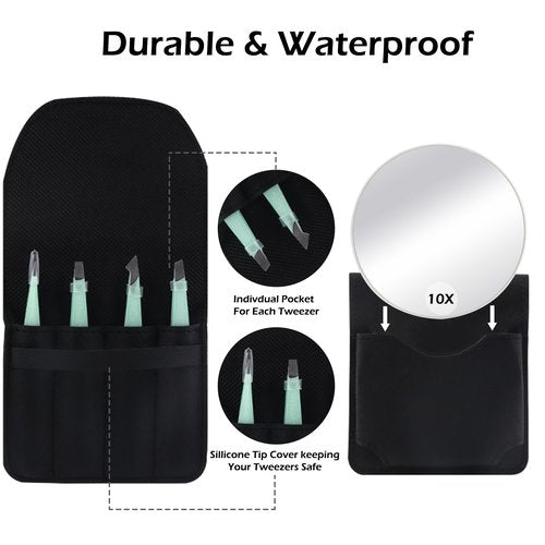 WangSelect Tweezers and 10X Magnifying Mirror Kit with Travel Leather Case, Eyebrow Tweezer Set for Women & Men, Great Precision for Facial Hair, Splinter and Ingrown Hair Removal - Starry Green