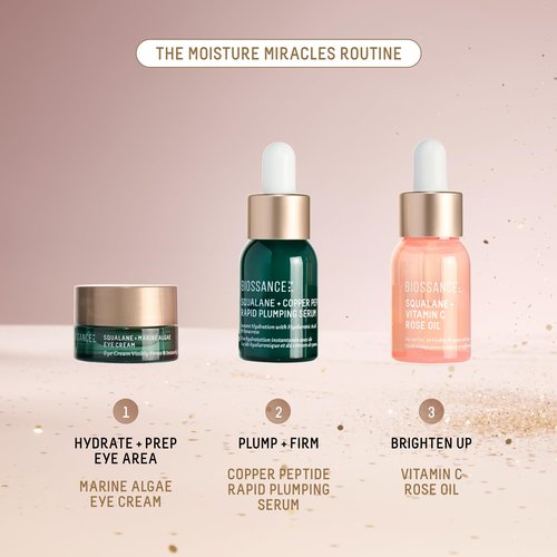 Biossance, Moisture Miracles Holiday Gift Set, Vitamin C Rose Oil, Marine Algae Eye Cream, Copper Peptide Rapid Plumping Serum, facial skincare set
