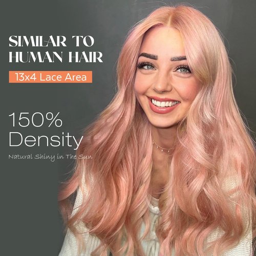 Lady Miranda Pink Synthetic Lace Front Wigs Kanekalon Fiber 26 Inch 13×4 Pre-Plucked Glueless Lace Front Long Wave Wigs with Baby Hair Ready to Wear Light Pink Wig Synthetic Wig for Black Women