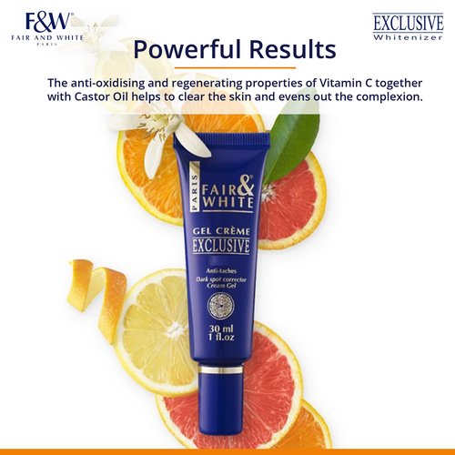 Fair and White Exclusive, Brightening Gel Cream - 30 ml / 1 Fl oz - Deeply Moisturizes, Formulated to Fade Dark Spots with Vitamin C, Glycerin & Castor Oil