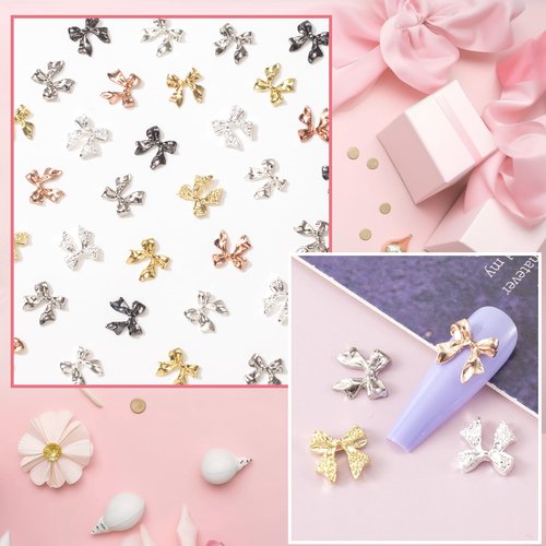 PAGOW 70 Pcs Gold Silver Black Bow Nail Charms, Acrylic Bowknot Nail Bows, Glitter Ribbon Bowknot Nail Decoration for Women, Scrapbook, Crafts, Nail Art (7 Style)