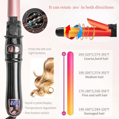 Automatic Curling Wand 28mm/1.1 inch Rotating Curling Iron for Short Long Hair LED Display Professional Waver Hair Fast Heating (Rose Gold)