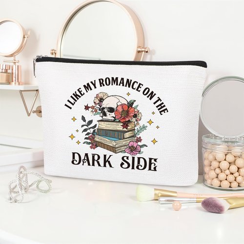 Papiailove Dark Romance Makeup Bag Gifts, Spicy Book Lovers Gifts Gothic Skeleton Cosmetic Bag for Women, Dark Romance Merch Skull Bag Goth Purse for Bookworm Adult I Like My Romance On The Dark Side