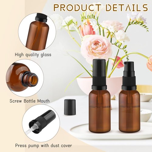 10 Pack Empty Amber Glass Pump Bottles Refillable Cream Lotion Bottles Travel Cosmetic Dispenser Bottle for Sample,Liton,Cream,Liquids Aromatherapy and More (30ml/1oz)