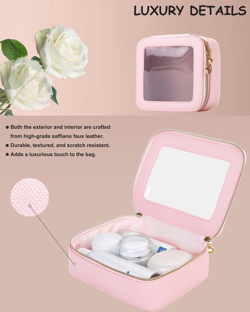 JRQCSJY Small Clear Makeup Bag for Purse, Cute Mini Clear Cosmetic Bag Case Organizer, TSA Approved Square Small Makeup Case Pouch with Zipper, Car Travel Purse Essentials for Women (Pink, S)