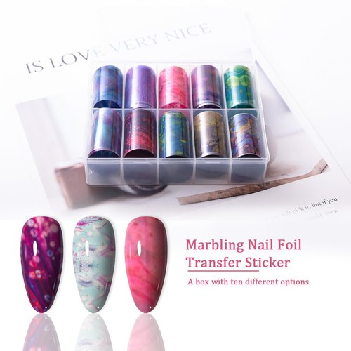 JERCLITY 10 Rolls Marbling Nail Foil Transfer Sticker Kit Nail Foil Sheets Foil Nail Art Decals Marbled Nail Foil Transfer Stickers Foil Nail Wraps for Foil Nail Art(Style-1)