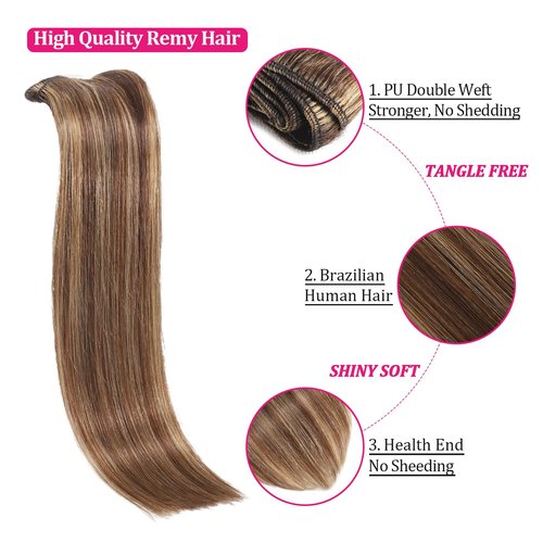 Clip in Hair Extensions Kinky Human Hair 110g Remy Human Hair Clip on Extensions 8pcs 18 Inch Soft Hair for Fashion Women 18Clips/Set Chocolate Brown to Honey Blonde Hair Extensions (#P427)