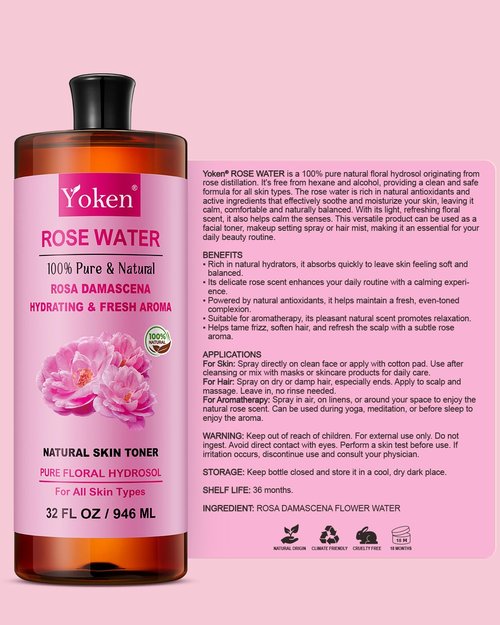Yoken Pure Rose Water Toner for Face, 32 Fl Oz Bulk, 100% Natural Rosa Damascena Rose Hydrosol, Refreshing Rosewater for Hair, Skin, Aromatherapy, Hydrates & Soothes, Alcohol Free, Chemical Free