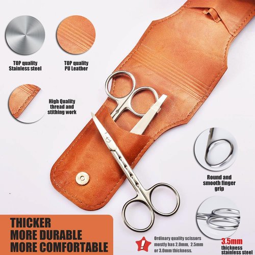 HANTEKAS Professional Stainless Steel Curved Rounded Facial Hair Scissors Tweezers Set For Men Moustache, Nose Hair, Beard Trimming Scissors,Safety Use for Eyebrows,Eyelashes,Ear Hair - PU Leather Bag