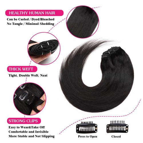Yaki Straight Clip in 18inch Hair Extensions, 120G Full Head Real Human Hair Clip for Women Seamless Yaki Clip ins Hair Extensions for Thin Hair Natural Black 8Pcs Hair Pieces with Secure Clips