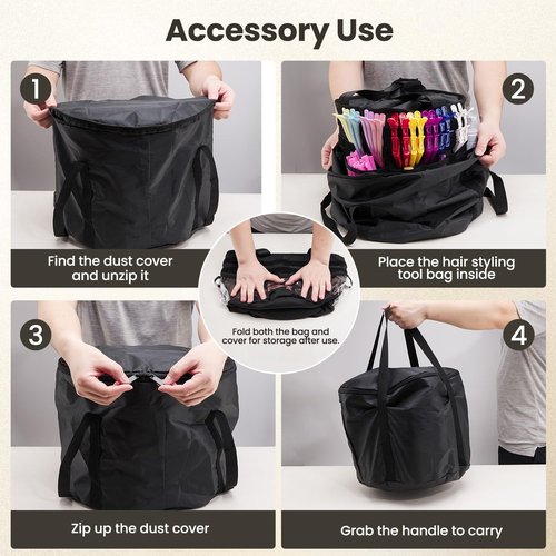 PUMHUBO Hairstylist Travel Bag, with Dust Cover, 11L Large Capacity, Heat-Resistant Interior, Clear Pockets, DIY Velcro Straps, Top Drawstring, Bathroom Cleaning/Pet Grooming Supplies Organizer