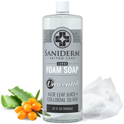 Saniderm Foaming Tattoo Soap (32oz Shop Size) – Gentle Soap for Tattooed Skin, Infused with Antimicrobial Colloidal Silver, Aloe Vera, and Nourishing Sea Buckthorn Oil