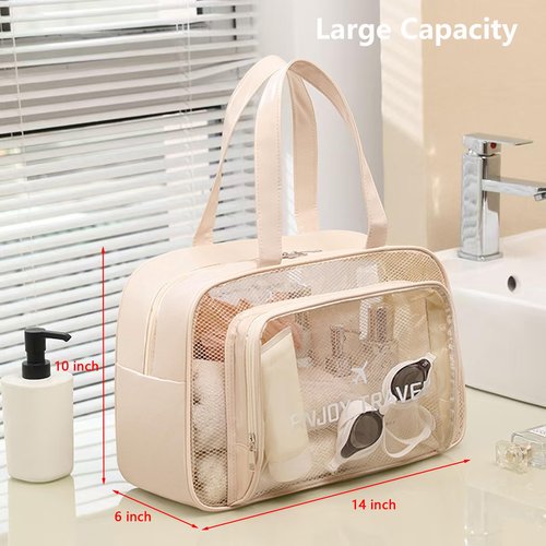 DAPOWER Travel Toiletry Bag for Women and Men, Beach Bag Waterproof Sandproof, Large Clear Tote for Gym Pool Beach Summer Vacation (Beige)