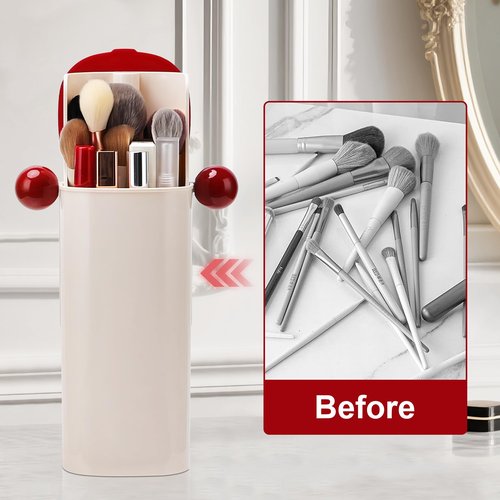 Osuke Makeup Brush Holder Organizer with Lid,Makeup Organizer with One Touch Open,4 Slot Make up Brushes Cup for Cosmetics, Make Up Brush, Bathroom Vanity Desktop Dustproof Organizers