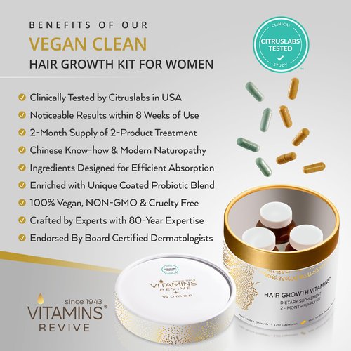 VITAMINS REVIVE Hair Supplement Hair Growth Vitamins for Women - USA Clinically Tested - Hair Loss Products for Thinning & Thickening - Female Hair Regrowth Treatment (2 Month Supply)