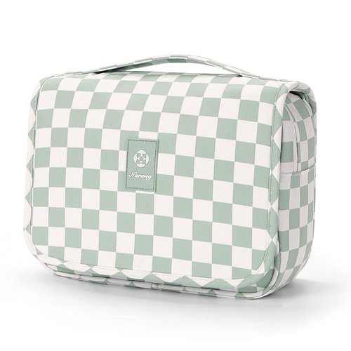 Narwey Small Hanging Travel Toiletry Bag for Traveling Women, Checkered Travel Bag for Toiletries, Makeup Bag Organizer Make Up Cosmetic Bags (Mint Green Checkerboard)