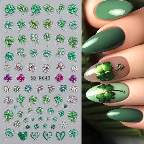 St. Patrick's Nail Stickers,5D Embossed Green Shamrock Nail Decals Self Adhesive Four-Leaf Clover Nail Design St. Patrick's Supplies Lucky of Irish Spring Manicure Decorations for Women 2PCS