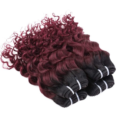 FASHION LINE 4 Bundles Deep Wave Short Bob Style Ombre 1B/99J Virgin Human Hair Bundles 50g Two Tone Burgundy Red Brazilian Hair Weave 12”