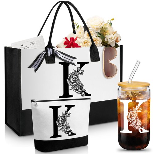 Aliceset Birthday Gifts for Women, Initial Canvas Tote Bag, 16oz Initial Glass Cup, Makeup Bag with Zipper for Mom Sister Friends(Letter K)