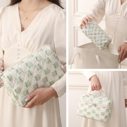 RIGHT AWAY Large Quilted Makeup Bag Set,3 Pcs Travel Make Up Bags for Women Girls,Cute Coquette Aesthetic Cosmetic Pouch Toiletry Bag,Preppy Makeup Brushes Organizer (Green)