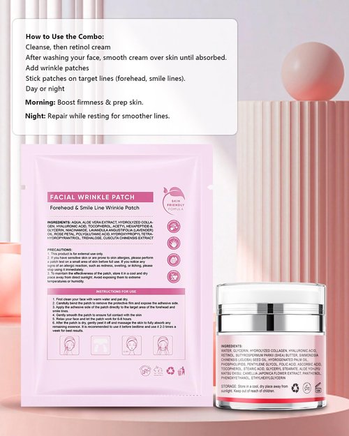 UKVOA Forehead Wrinkle Patches & Smile Line Patches, Overnight Facial Wrinkle Treatment with Hyaluronic Acid, Aloe, Collagen & Vitamin E to Lift Smile Lines for Women 36pcs with Face Retinol Cream