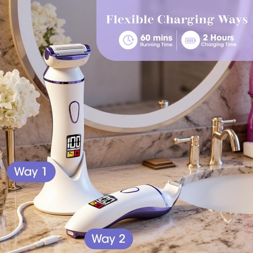 4 in 1 Electric Shaver for Women with Facial Brush, Electric Razor for Legs Underarm Pubic Hair, Bikini Trimmer IPX7 Portable Body Hair Removal, Wet & Dry Use, Rechargeable Grooming Kit, Light Purple