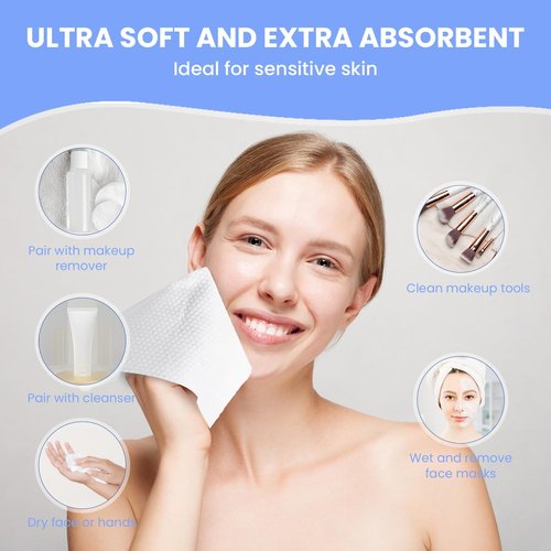 Mirucoo 100 Sheet Daily Cleansing Towels Ultra Soft Dry Wipes for Sensitive Skin Disposable Facial Washcloths 100% Organic Viscose (Pack of 3)