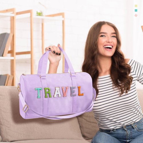 Shinylin 2 Pcs Travel Preppy Duffle Bag and Chenille Letter Makeup Pouch Cosmetic Zipper Patch Weekender Carry on Tote Bag for Women(Light Purple)