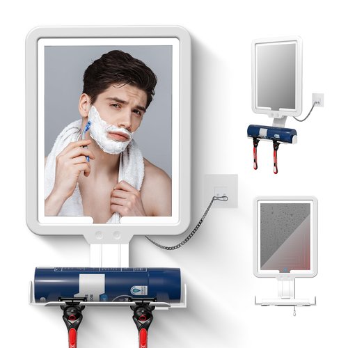 Junyaoxuan Heated Anti-Fog Shower Mirror, LED Shaving Mirror Fogless with 3 Color Modes, 9.5x8 Inch Dimmable, Hanging Rechargeable, Wall Mountable, Modern Frameless Rectangular Shower Mirror