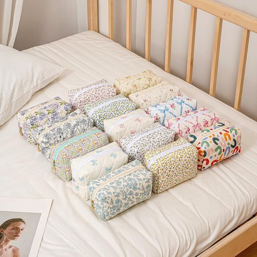 WHHJM Cute Floral Makeup Bag Small Cotton Quilted Cosmetic Bag, Aesthetic Essential Bag Emergency Bag Gift for Women Girls Travel Accessories (Two Pack: Blue + Pink Floral)