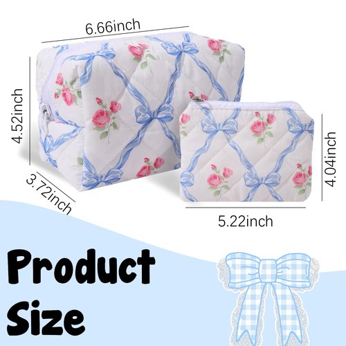 LYDZTION Cute Quilted Coquette Bow Cotton Makeup Bag with Purse Pouch - Aesthetic Stuff Travel Essentials Storage Bag for Lipstick Brushes, Blue